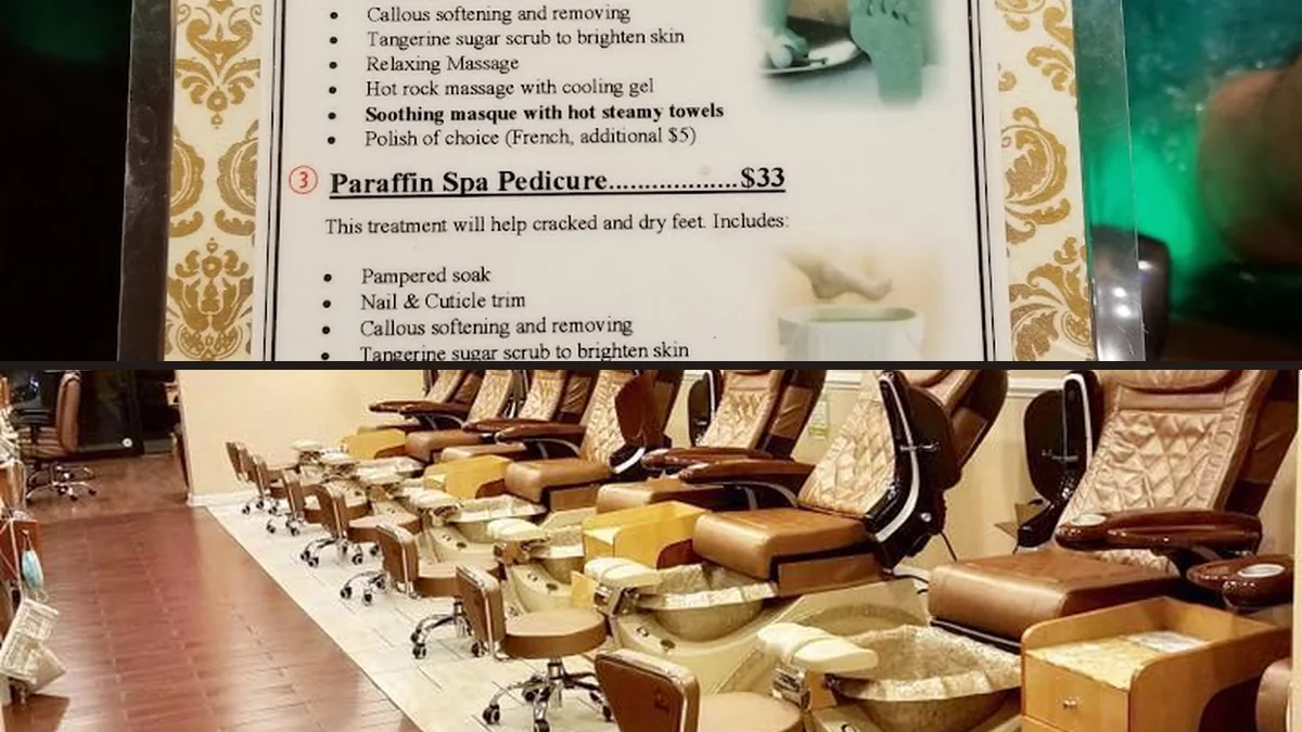Nail care setup with bottles and towels.
